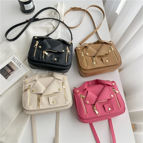Borsa a Spalla Donna Stile Giacca Moto in PU Moda Tracolla Sottobraccio Tasca Quadrata Cerniere Metallo Borchie Borsa a Mano