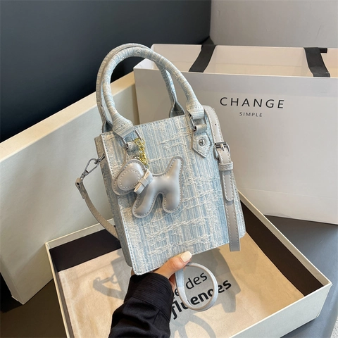 Fashion Denim Tote Bag Stitched Square Handbag Dog Pendant Crossbody Shoulder Bag Summer Beach Travel Women Handbag