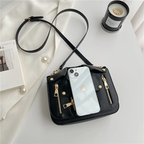 Borsa a Spalla Donna Stile Giacca Moto in PU Moda Tracolla Sottobraccio Tasca Quadrata Cerniere Metallo Borchie Borsa a Mano