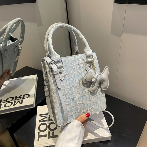Fashion Denim Tote Bag Stitched Square Handbag Dog Pendant Crossbody Shoulder Bag Summer Beach Travel Women Handbag
