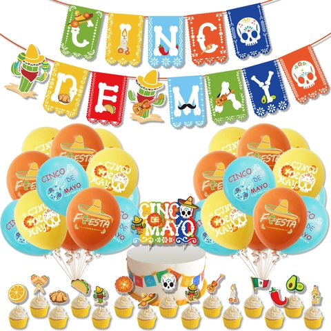 Mexikanische Fiesta Party Dekoration Kollektion Bunte Banner Latex Luftballons Tortenaufsätze Für Cinco De Mayo Tag Der Toten Feier Zubehör