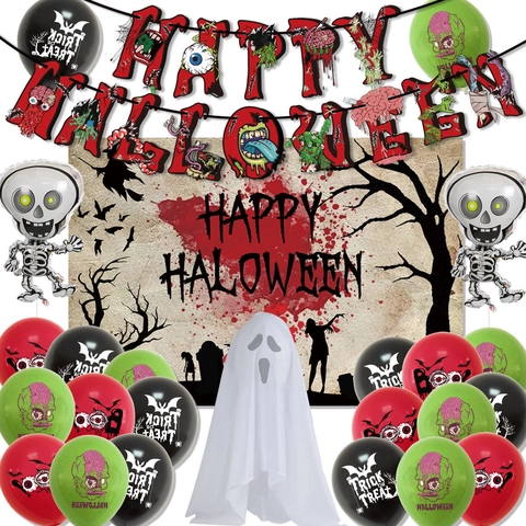 Set Decorazione per Festa di Halloween Horror Zombie Banner Palloncini in Lattice Topper per Torte Sfondo Decorazione Spaventosa per Articoli per Feste di Halloween