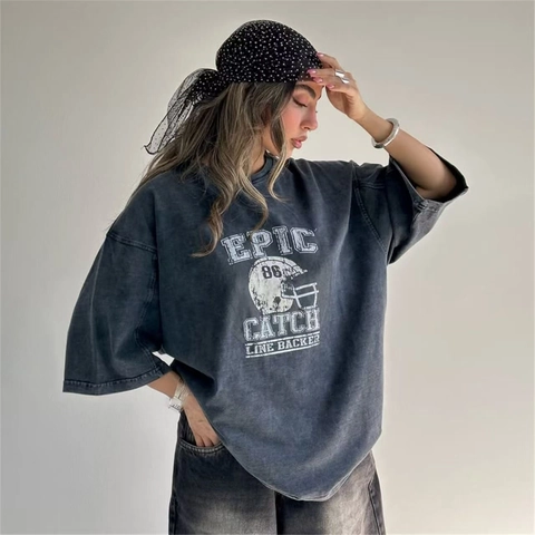 Dames Retro Gewassen Katoen Oversized T-Shirt American Streetwear Ronde Hals Korte Mouw Bedrukt Grafisch Tee Top