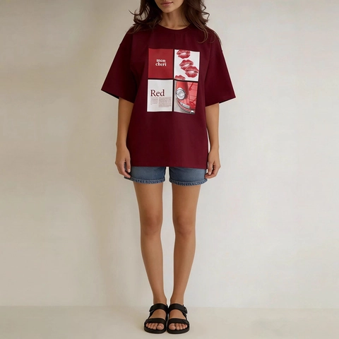 Women's Oversized Pure Cotton T-Shirt Letter Lip Print Short Sleeve Round Neck Casual Loose Fit Wine Red Summer Tee Top