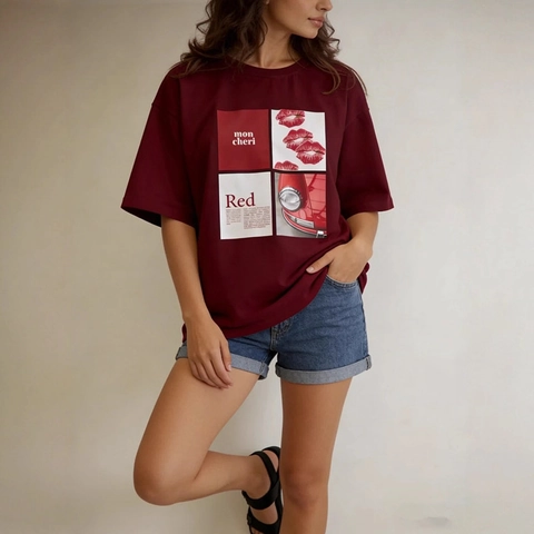 Women's Oversized Pure Cotton T-Shirt Letter Lip Print Short Sleeve Round Neck Casual Loose Fit Wine Red Summer Tee Top