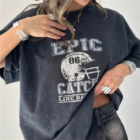Dames Retro Gewassen Katoen Oversized T-Shirt American Streetwear Ronde Hals Korte Mouw Bedrukt Grafisch Tee Top