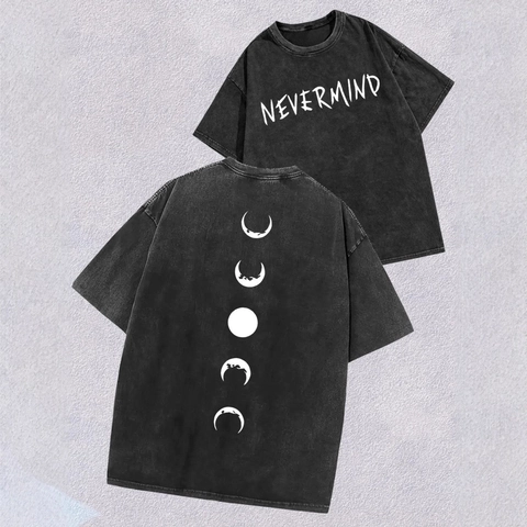 Vintage Gewaschene Baumwolle T-Shirt Für Damen Oversized Streetwear Mondphasen Nevermind Grafikdruck Rundhals Kurzarm Top