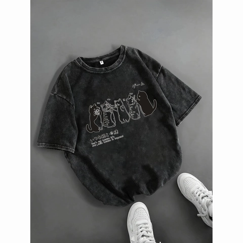 Maglietta in Cotone Vintage Acid Wash da Donna Stampa Gatto Cartoon Grafica Manica Corta Larga Streetwear Casual Top
