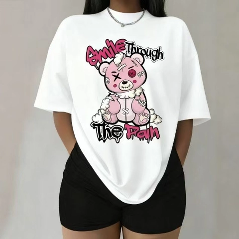 Damen Baumwolle T-Shirt Lässig Cartoon Bär Druck Rundhals Kurzarm Top Lockerer Schnitt Mittellang Weich Atmungsaktiv T-Shirt