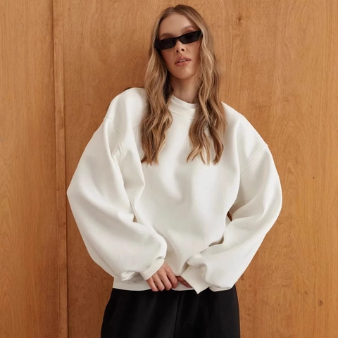 Women Minimalist Solid Color Pullover Sweatshirt Round Neck Dropped Shoulder Long Sleeve Loose Casual Polyester Top