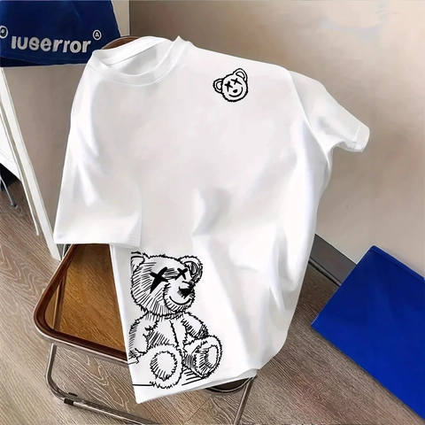 Maglietta da Uomo Casual in Cotone Girocollo Manica Corta Top Trendy Graffiti Orso a Linee Largo Stile Giapponese