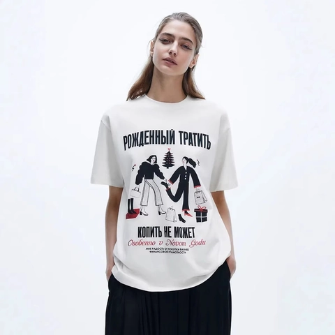 Γυναικείο Βαμβακερό T-shirt Κομψό Χαλαρή Λαιμόκοψη Κοντό Μανίκι Τυπωμένο Ρωσικά Γράμματα Χριστουγεννιάτικο Τοπ