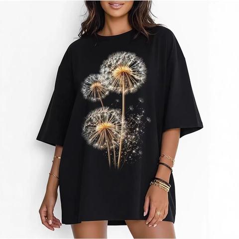 Damen Casual Baumwolle Oversized T-Shirt Löwenzahn Grafikdruck Kurzarm Rundhals Locker Streetwear Schwarz Top