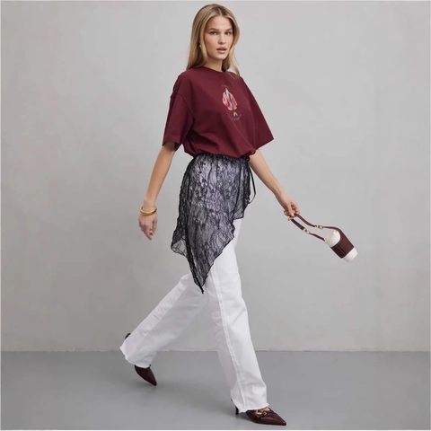 Humorvoller Fisch Grafik Druck Oversize Baumwolle T-Shirt Für Damen Weinrot Rundhals Lässiges Lockeres Kurzarm Top