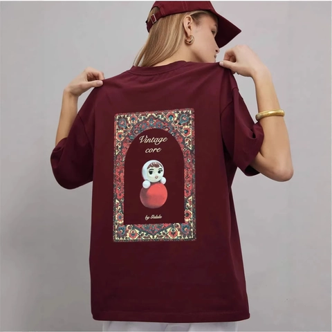 Vintage Women Oversized Heavy Cotton T-Shirt Retro Graphic Print Back Wine Red Short Sleeve Casual Loose Streetwear Top