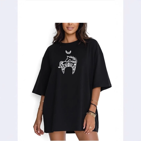 Damen Oversize Baumwolle T-Shirt Ethnischer Pferd Mond Druck Locker Rundhals Kurzarm Tee Vintage Casual Harajuku Top
