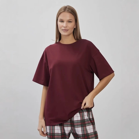 Vintage Women Oversized Heavy Cotton T-Shirt Retro Graphic Print Back Wine Red Short Sleeve Casual Loose Streetwear Top