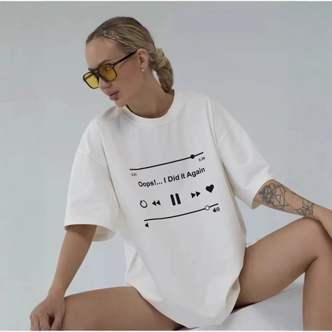 Maglietta da Donna Casual in 100% Cotone Manica Corta Larga Oversize con Stampa Interfaccia Lettore Musicale Girocollo