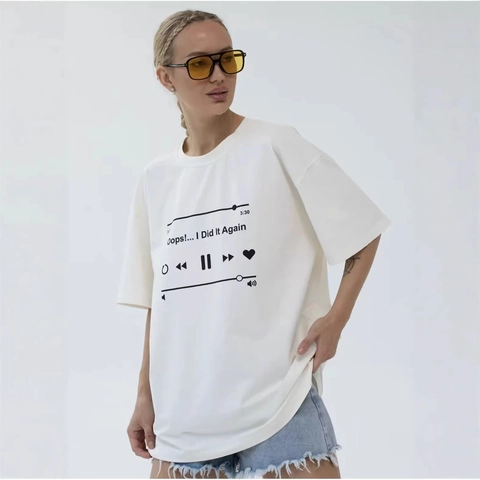 Maglietta da Donna Casual in 100% Cotone Manica Corta Larga Oversize con Stampa Interfaccia Lettore Musicale Girocollo