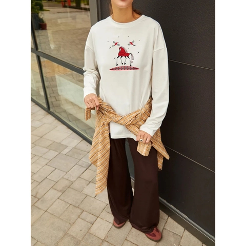 Women's 100% Cotton Long Sleeve T-Shirt Oversized Folk Art Horse Bird Print Round Neck Loose Casual Fall Graphic Tee Top