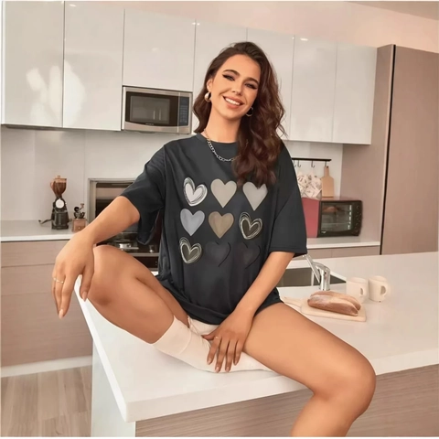T-Shirt da Donna Estiva in Cotone a Maniche Corte Vestibilità Larga Girocollo Con Stampa a Cuore Griglia Moda Casual