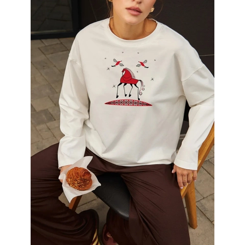 Women's 100% Cotton Long Sleeve T-Shirt Oversized Folk Art Horse Bird Print Round Neck Loose Casual Fall Graphic Tee Top