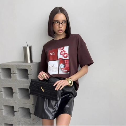 T-Shirt Casual en Coton Oversized pour Femmes Brun Café avec Impression Graphique Manches Courtes Haut d'Été