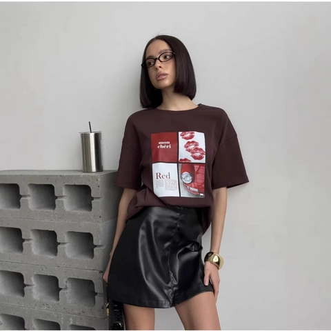 T-Shirt Casual en Coton Oversized pour Femmes Brun Café avec Impression Graphique Manches Courtes Haut d'Été