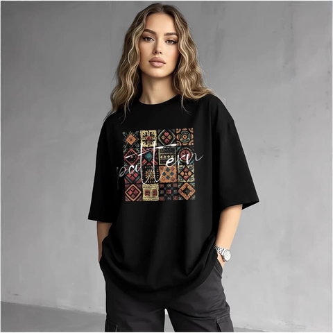Dames Vintage Oversized 100% Katoen T-Shirt Geometrische Letter Print Losse Pasvorm Korte Mouw Ronde Hals Casual Mode Top