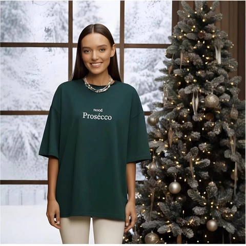 Damen Casual Oversized Baumwolle T-Shirt Mood Prosecco Buchstabe Bedruckt Dunkelgrün Kurzarm Rundhals Lockeres Top