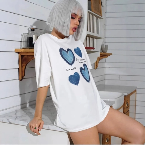 Camiseta de Algodón Casual para Mujer Talla Grande Estampado Letras Corazón Azul Cuello Redondo Manga Corta Top Verano