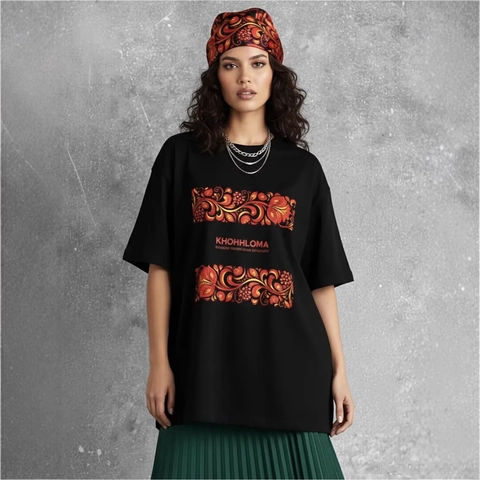 Maglietta in Puro Cotone Casual Oversize da Donna Con Stampa Floreale Tradizionale Russa Khokhloma Top Girocollo a Maniche Corte Nero