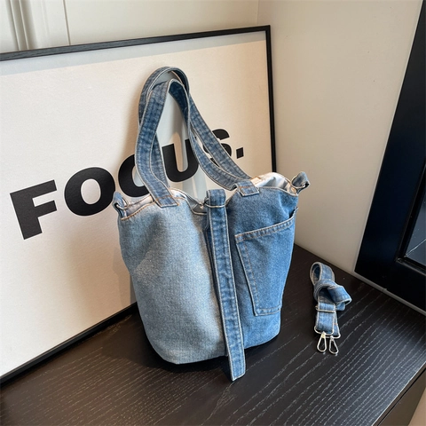 Borsa a Secchiello Denim Patchwork Donna Grande Capacità Borsa a Mano Casual Retro Street Style Borsa a Tracolla Con Manico