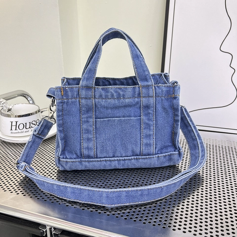 Women Denim Tote Bag Small Washed Jeans Handbag Contrast Stitching Crossbody Shoulder Bag With Adjustable Strap Retro Casual Multi-Functional Purse