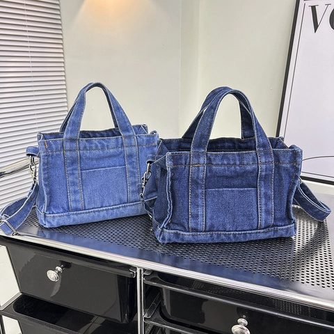 Women Denim Tote Bag Small Washed Jeans Handbag Contrast Stitching Crossbody Shoulder Bag With Adjustable Strap Retro Casual Multi-Functional Purse