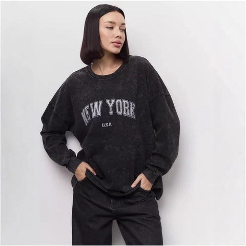 Vintage Acid Wash NEW YORK USA Letter Print Long Sleeve T-Shirt For Women Oversized Loose Casual Cotton Graphic Top