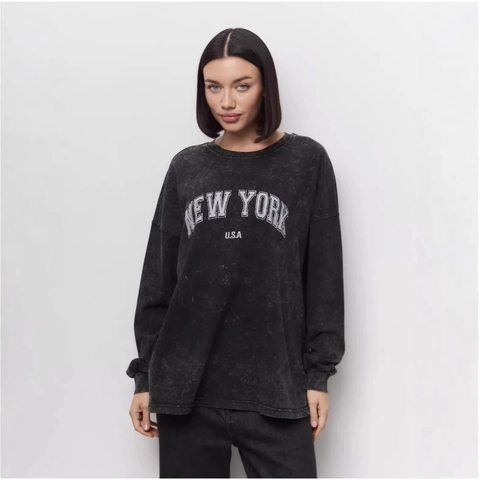 Vintage Acid Wash NEW YORK USA Letter Print Long Sleeve T-Shirt For Women Oversized Loose Casual Cotton Graphic Top