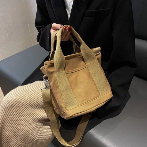 Women Casual Canvas Tote Bag Korean Style Solid Color Handbag With Detachable Shoulder Strap Daily Commuting Crossbody Bag