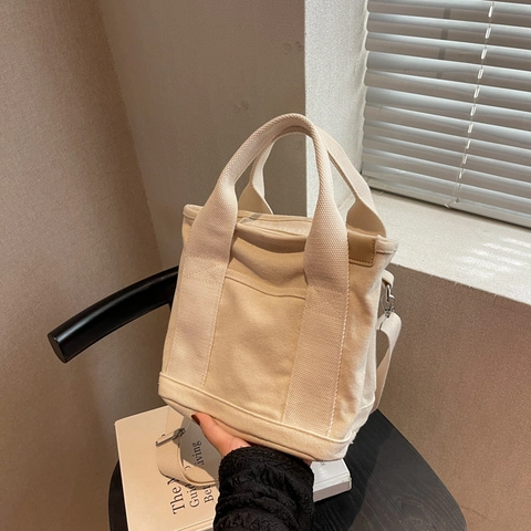 Women Casual Canvas Tote Bag Korean Style Solid Color Handbag With Detachable Shoulder Strap Daily Commuting Crossbody Bag