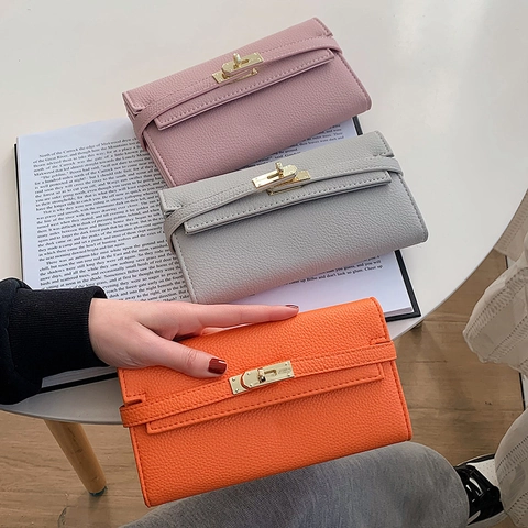 Kelly Stil Lange Brieftasche Damen PU Leder Gekörnte Textur Clutch Tasche Mit Metallschloss Kartenhalter Portemonnaie
