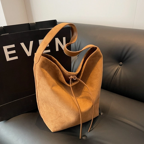 Damen Große Kapazität PU Leder Beuteltasche Wildlederoptik Minimalistische Tote Umhängetasche Mit Kordelzug Herbst Winter Tasche