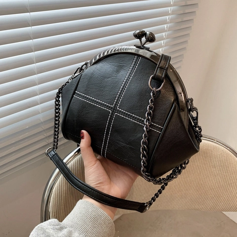 Vintage Τσάντα Tote σε Σχήμα Κοχυλιού για Γυναίκες PU Δέρμα Ραφές Αντίθεσης Κούμπωμα Kiss-lock Τσάντα Χιαστί με Αλυσίδα