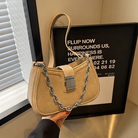 Bolso de Axila de Cuero PU de Moda para Mujer Bolso de Hombro Minimalista de Color Sólido Con Decoración Cadena Hebilla de Metal