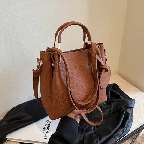 Damen Mode Einfach Große Kapazität PU Leder Litschi Muster Tragetasche Vielseitig Schulter Crossbody Handtasche Beuteltasche