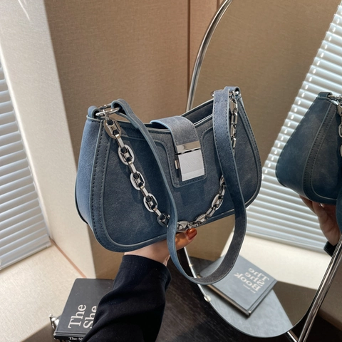 Bolso de Axila de Cuero PU de Moda para Mujer Bolso de Hombro Minimalista de Color Sólido Con Decoración Cadena Hebilla de Metal