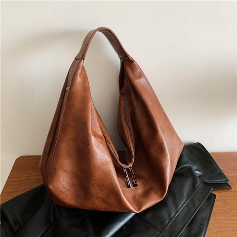 Vintage Large Capacity PU Leather Hobo Shoulder Bag For Women Retro Casual Tote Handbag For Daily Commuting Office Travel