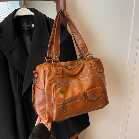 Große Vintage PU Leder Tragetasche Für Damen Retro Reisetasche Mehrere Taschen Funktionale Umhängetasche