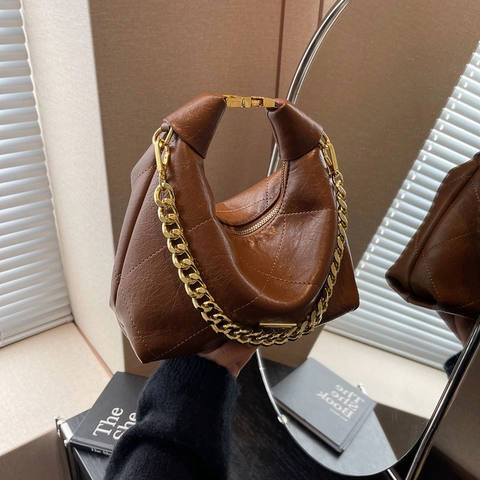 Borsa a Spalla da Donna in Pelle PU Retrò Trapuntata con Catena d'Oro Grossa Borsa Hobo a Tracolla a Rombi alla Moda
