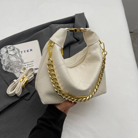 Borsa a Spalla da Donna in Pelle PU Retrò Trapuntata con Catena d'Oro Grossa Borsa Hobo a Tracolla a Rombi alla Moda
