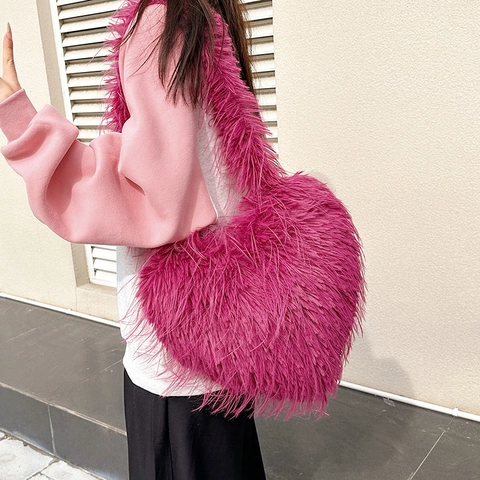 Bolso de Hombro para Mujer de Piel Sintética con Forma de Corazón Felpa Gran Capacidad Bandolera Otoño Invierno Moda